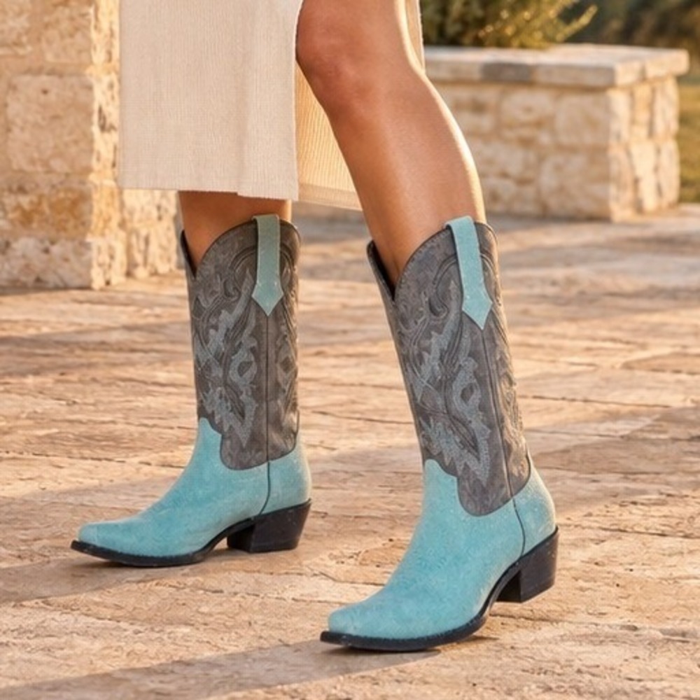 Ferrini Holly Dusty Blue Suede Snip Toe Leather Cowboy Boots Women Size 7.5 NWT